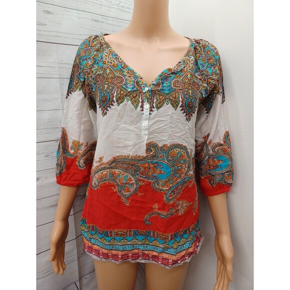 Women's Tommy Bahama XS Red White Paisley print top Cotton Silk - Picture 1 of 10